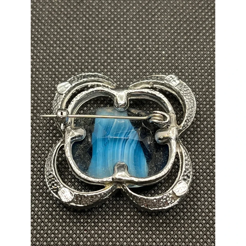 Vintage Silver Tone Blue Striped Art Glass Brooch Textured Openwork Pin